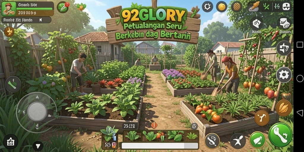 Screenshot gameplay 92GLORY menampilkan kebun indah dengan tanaman yang subur.