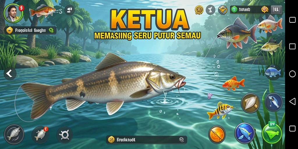 Screenshot KETUA menampilkan pemain yang sedang memancing dengan latar belakang alam yang indah.