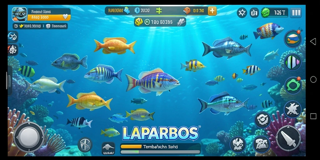 Tampilan gameplay menarik dari LAPARBOS dengan berbagai ikan berwarna-warni.