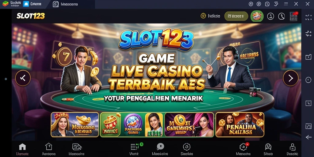 Screenshot utama menampilkan dealer langsung dan permainan Live Casino yang seru.
